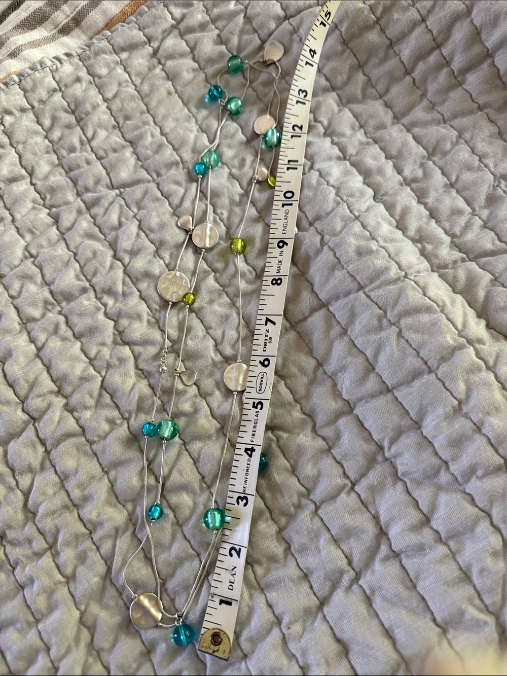 58 inch Silver Multi-Strand Necklace with Teal and Lime Beads